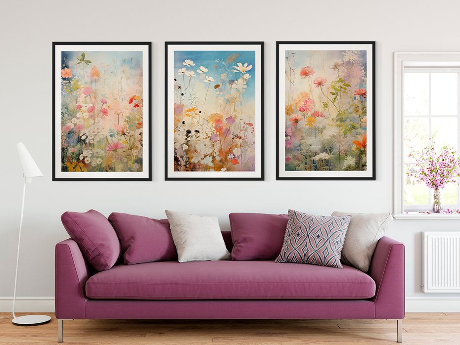 Zestaw obrazy w ramie 50x70 galeria - kwiaty, łąka, akwarela, boho - rama czarna