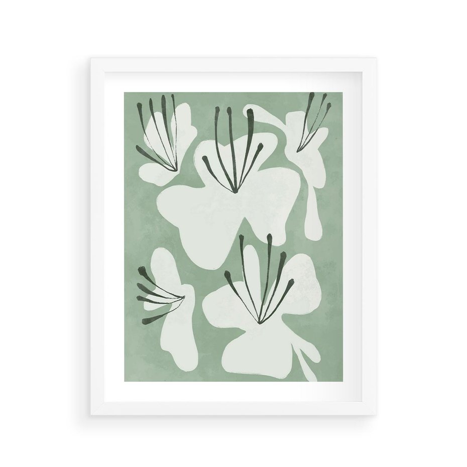 Plakat w ramie 40x50 - Rozkwitające Ukojenie - zgaszona zieleń, kwiaty - rama biała