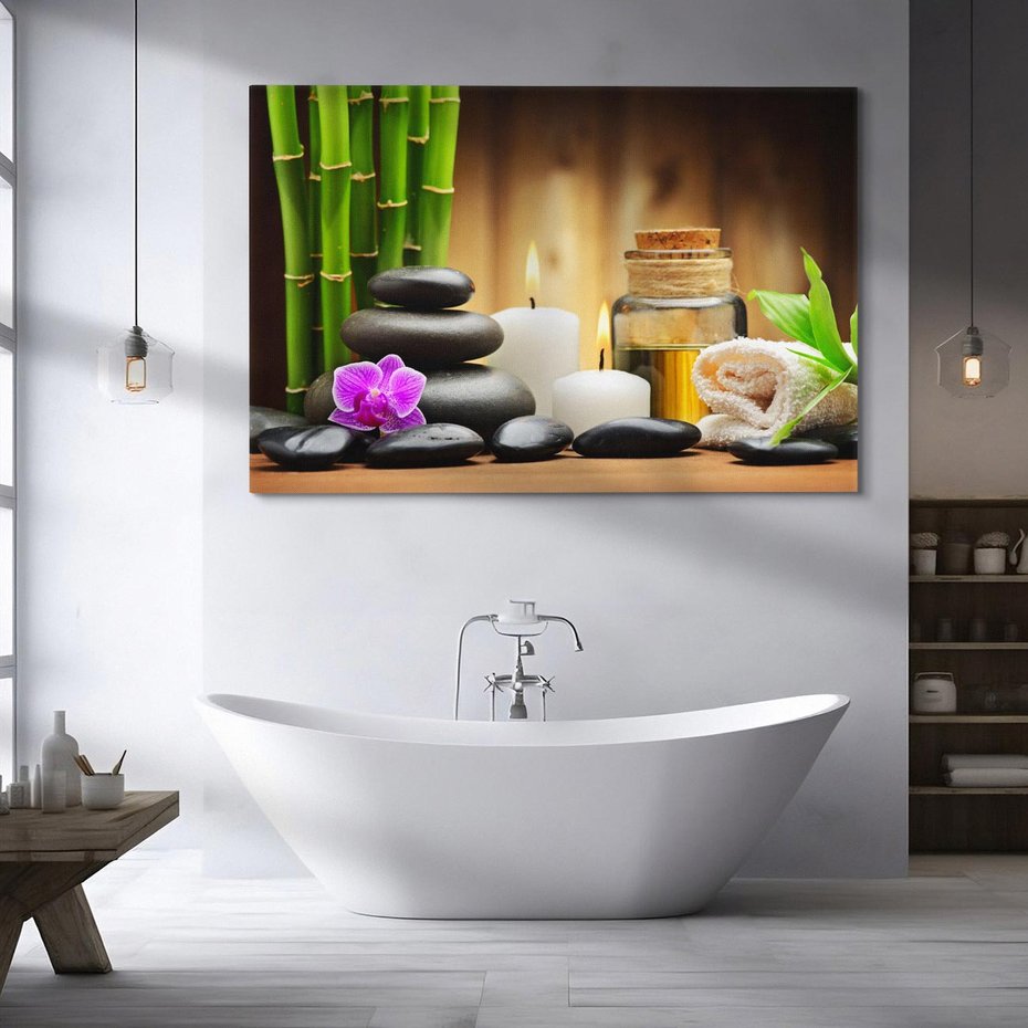 Obraz na płótnie 100x70 - Spokojny zakątek SPA z bambusem i kamieniami - bambus, kamienie