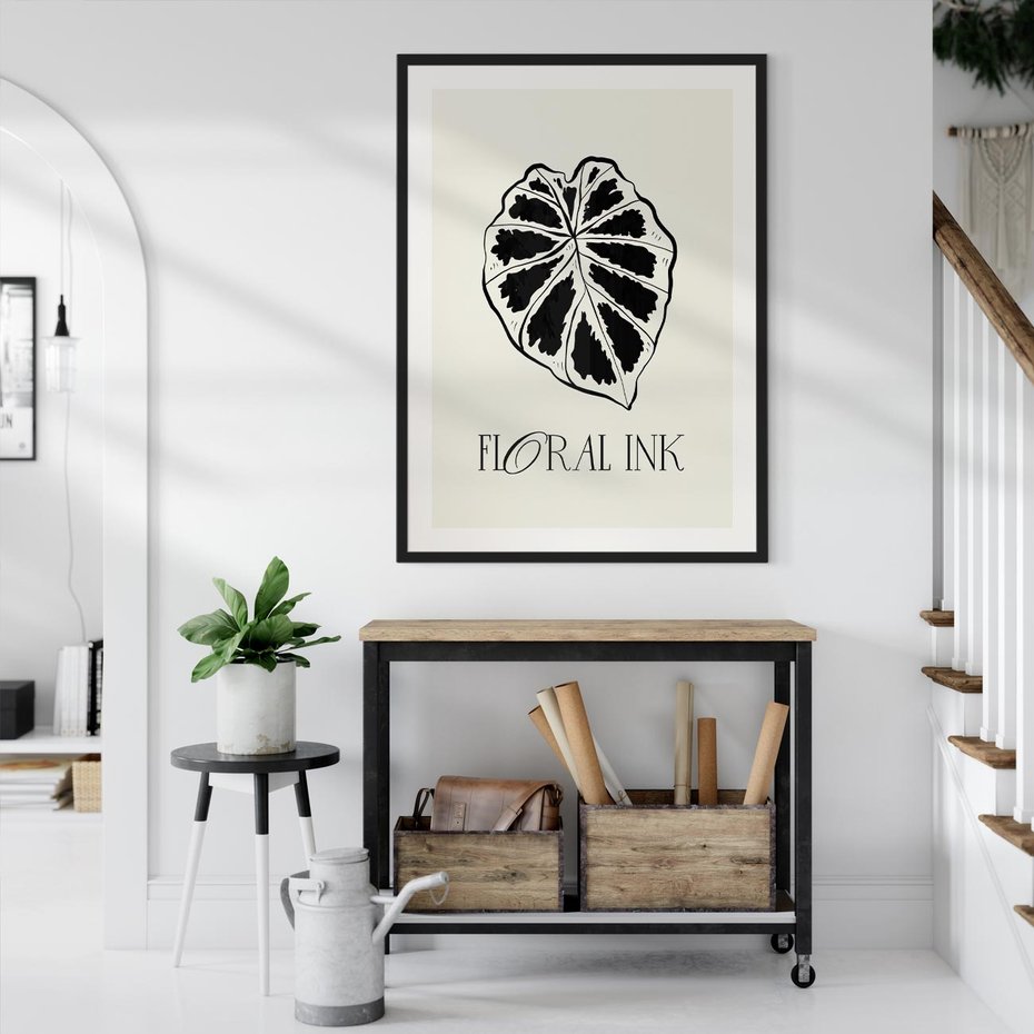 Plakat bez ramy 21x30 - Zapisane na liściach wspomnienia - liść, czarny kontur na jasnym tle