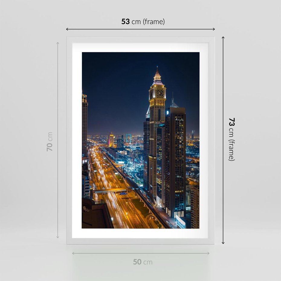 Plakat w ramie 50x70 - Nocna magia - miasto, noc - rama biała
