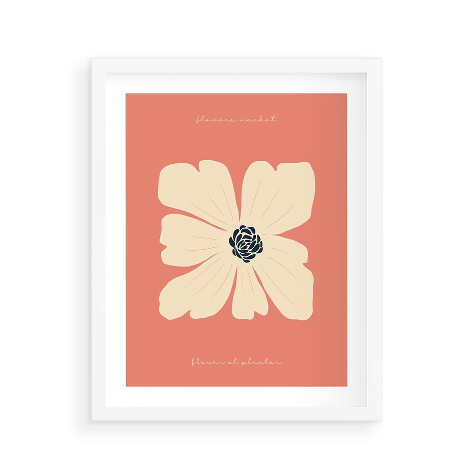 Plakat w ramie 40x50 - Malowane Kolorowe Echa - minimalistyczna grafika, biały kwiat na różowym tle - rama biała