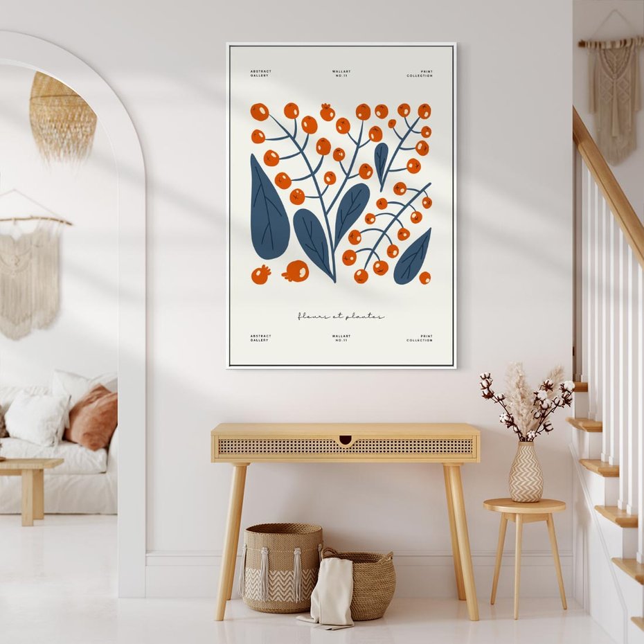 Obraz w ramie 80x120 - Minimalistyczna Uroda Jarzębin - jarzębiny, niebieskie liście - rama biała