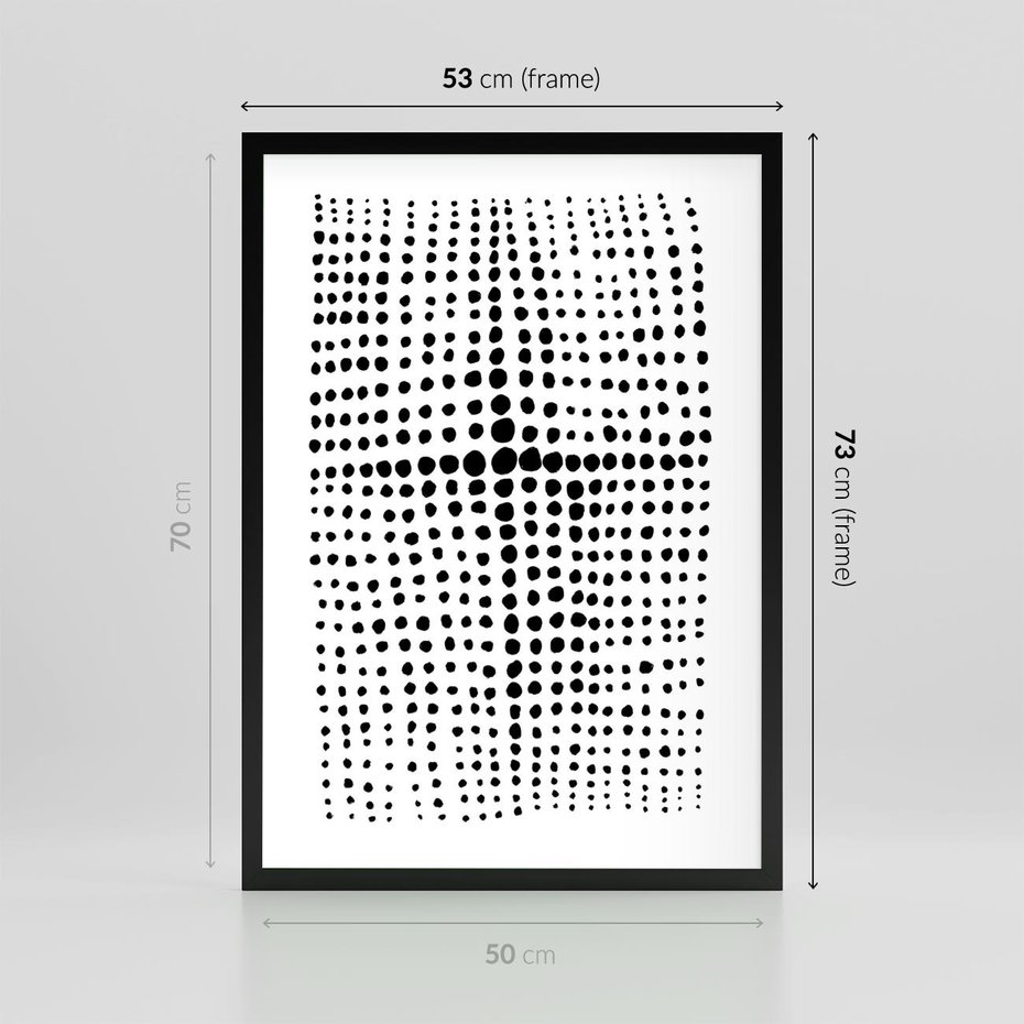 Plakat w ramie 50x70 - Refleksje Monochromatycznych Widoków - abstrakcyjna kompozycja z czarnych kropek, minimalistyczny czarno bialy plakat - rama czarna