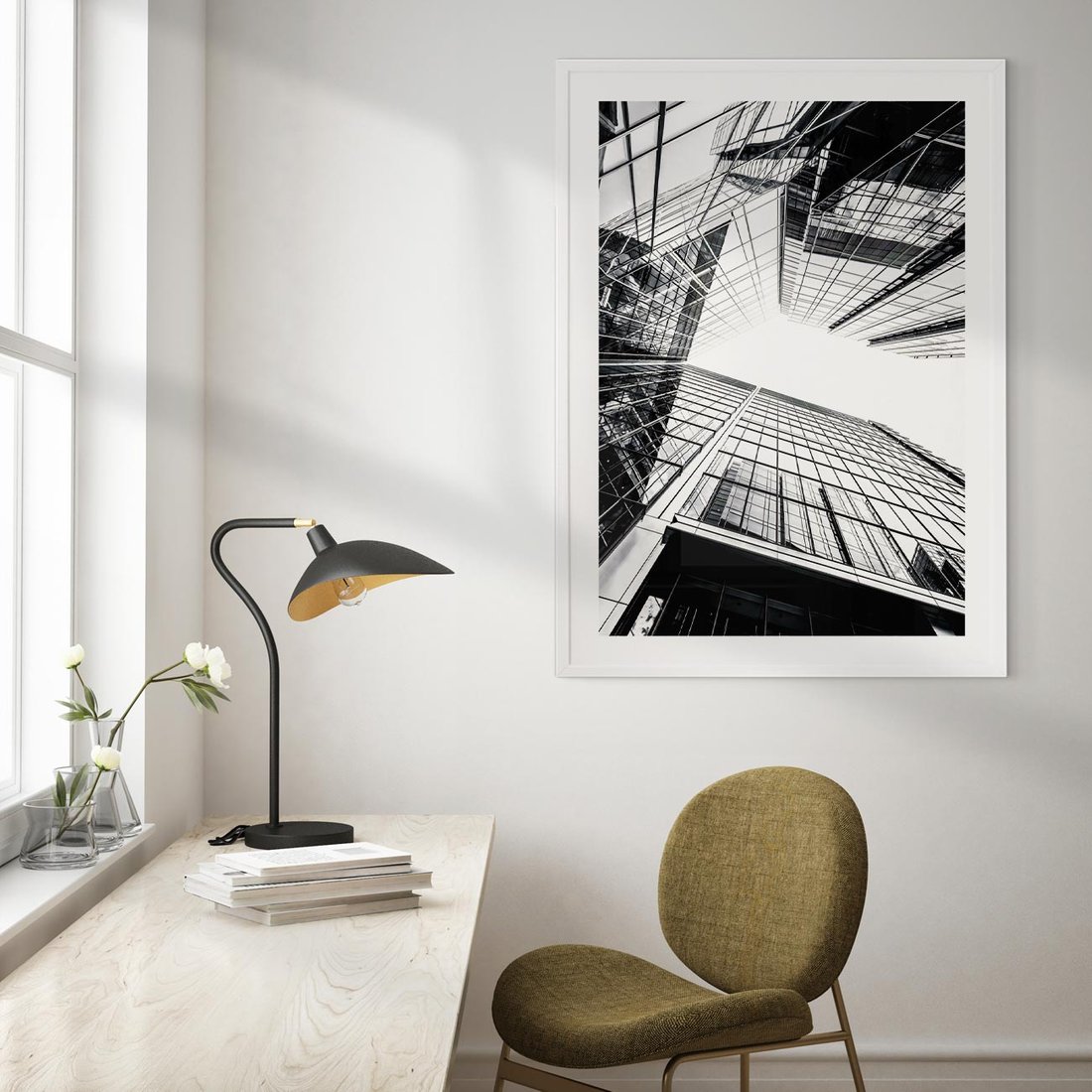 Plakat w ramie 50x70 - Wznoszący się Wysoko - architektura, wysoki wieżowiec - rama biała