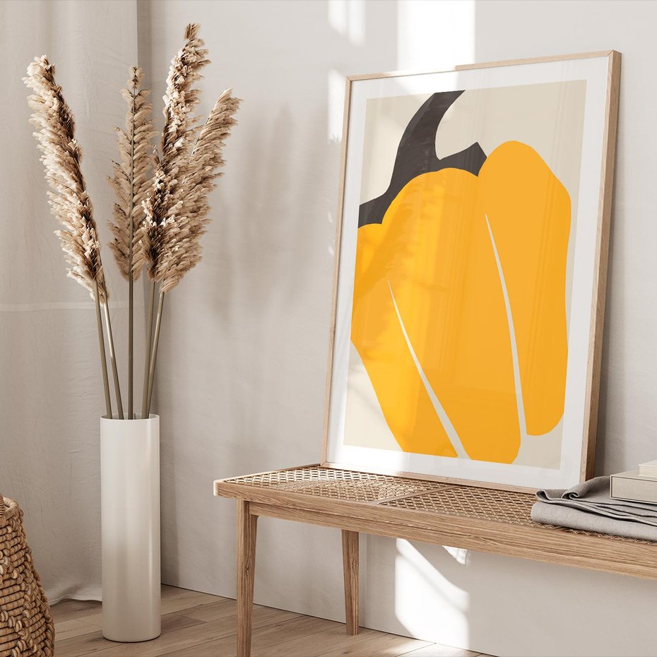 Plakat w ramie 50x70 - Migocące Formy - abstrakcyjny minimalistyczny obraz, żółta papryczka - rama drewno