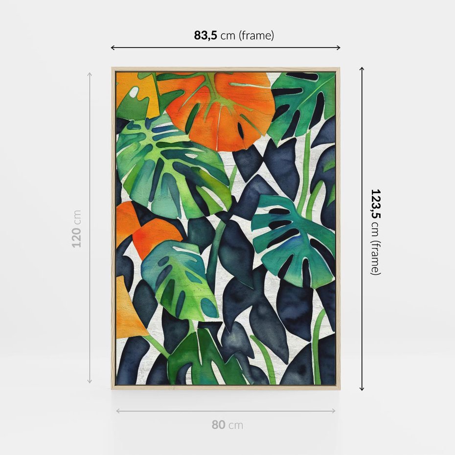 Obraz w ramie 80x120 - Tropikalne Pragnienia - akwarela, liście tropikalne - rama drewno