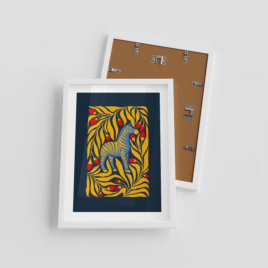 Plakat w ramie 30x40 - Wibracje Wyobraźni - zebra, granatowe tłó - rama biała