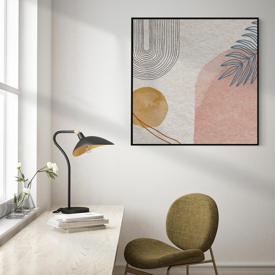 Obraz w ramie 50x50 - Liście i Geometrie - nowoczesny, akwarelowe plamy - rama czarna