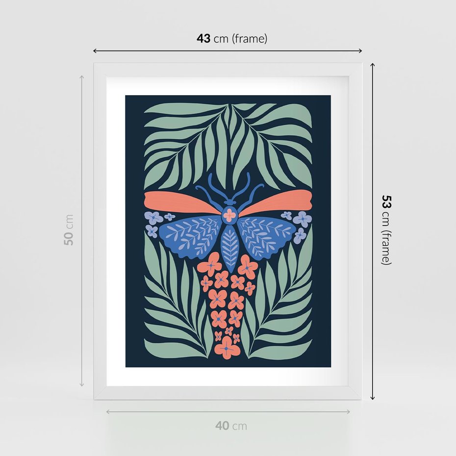 Plakat w ramie 40x50 - Granatowa Noc - granatowe tło, abstrajcyjna ćma - rama biała