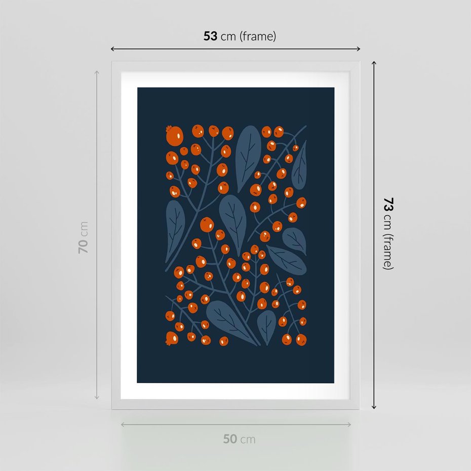 Plakat w ramie 50x70 - Symfonia liści i owoców - granatowe tło, pomarańczowe owoce jarzębiny - rama biała