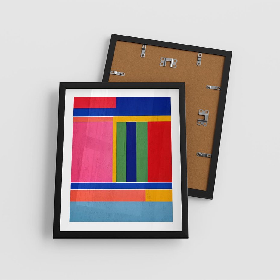 Plakat w ramie 40x50 - Wnętrza Rozplątanych Barw - abstrakcyjny geometryczny obraz olejny, kolorowe pasy - rama czarna