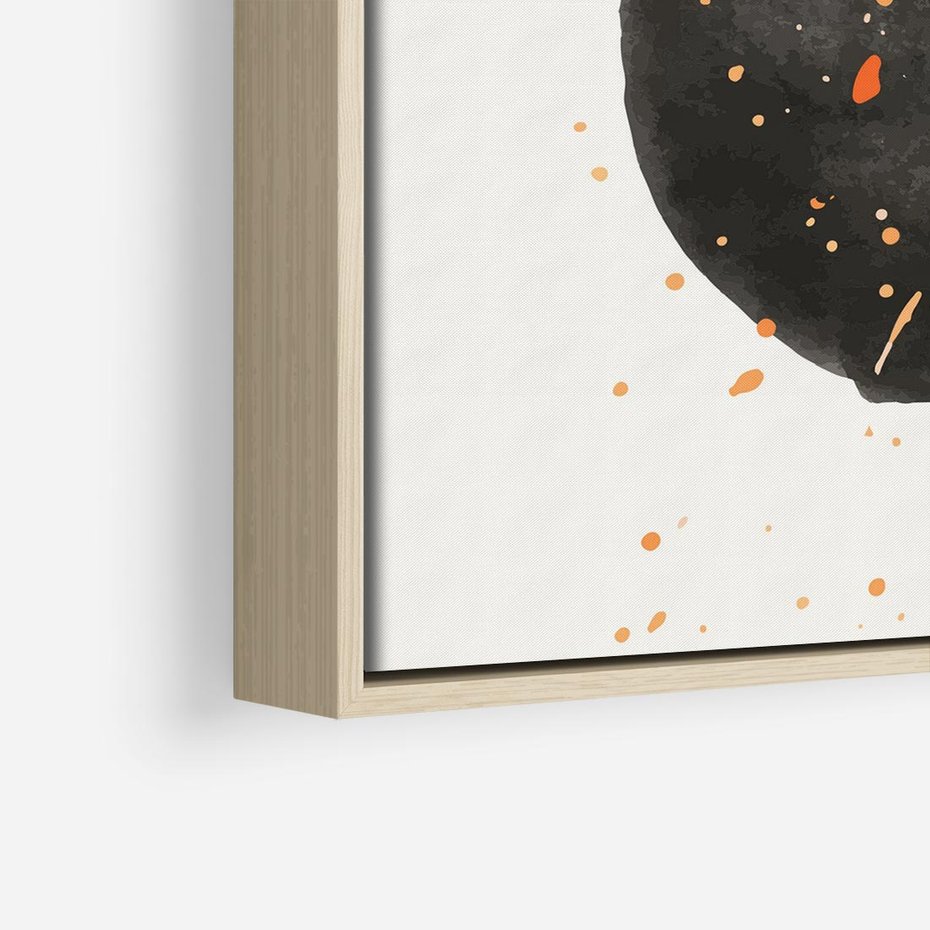 Obraz w ramie 50x50 - Wibracje Kolorów - abstrakcyjna czarna plama, rozsiane pomarańczowe kropki - rama drewno