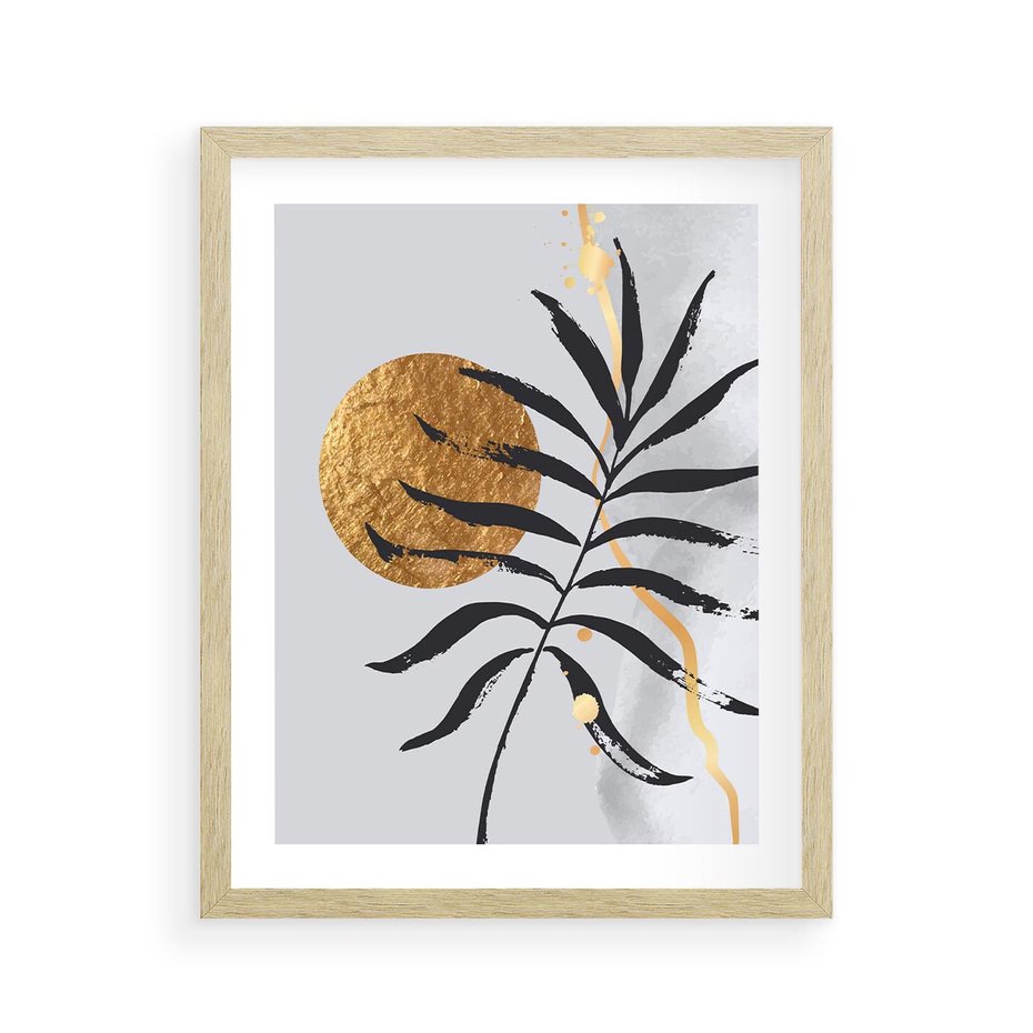 Plakat w ramie 40x50 - Grafika z Czarnym Liściem Palmy - czarny liść palmy, złóte kołó - rama drewno