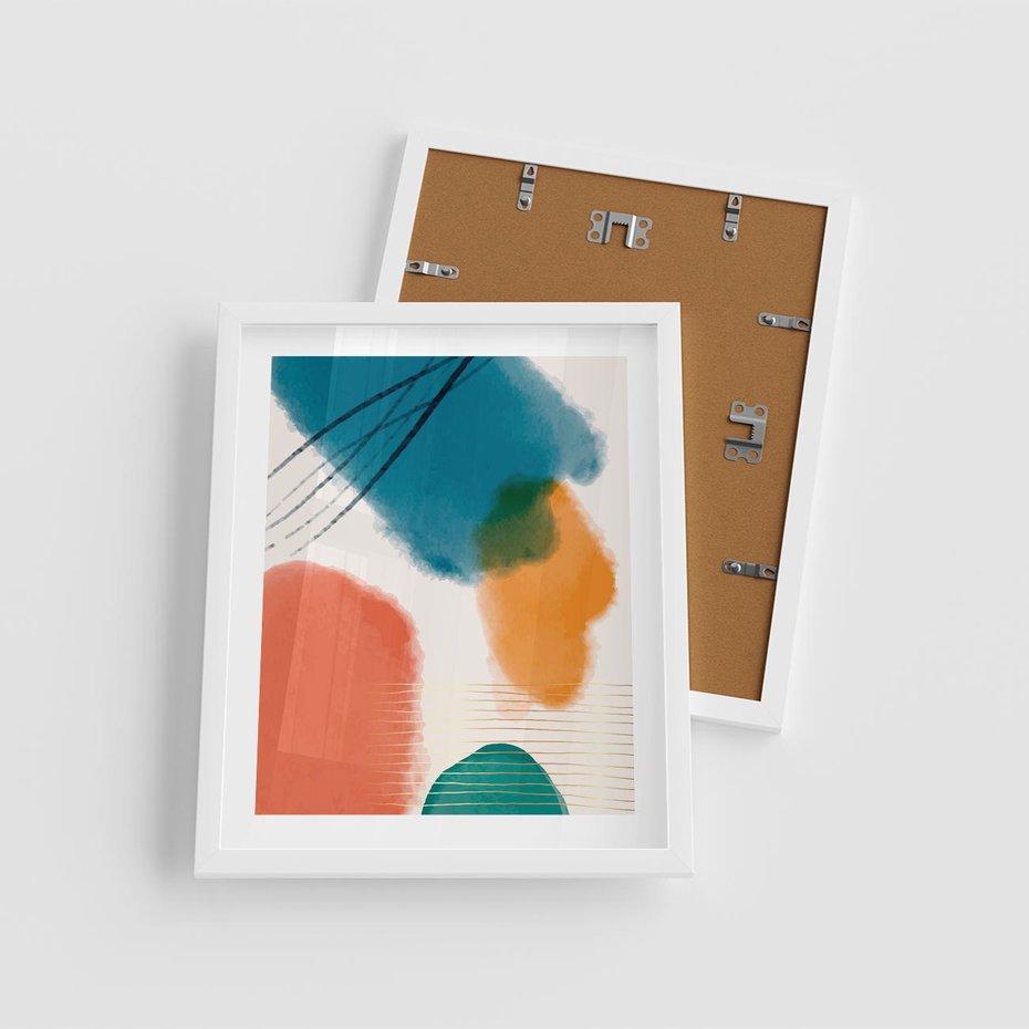 Plakat w ramie 40x50 - Migotliwe Pochwycenia - abstrakcyjne kolorowe plamy, akwarela - rama biała