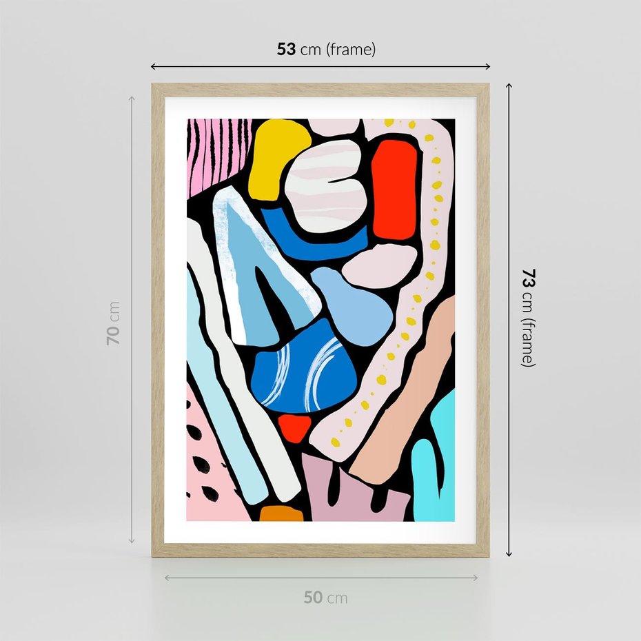 Plakat w ramie 50x70 - Kolory Na Czerni - abstrakcyjne formy, komiksowy styl - rama drewno