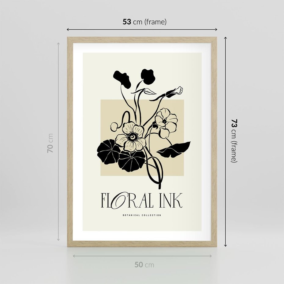 Plakat w ramie 50x70 - Podróż linii kwiatowego czasu - kwiaty, typografia - rama drewno