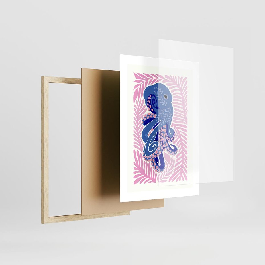 Plakat w ramie 30x40 - Rozkwitające marzenia - abstrakcyjna kompozycja, niebieska ośmiornica wśród różowej roślinnośći - rama drewno