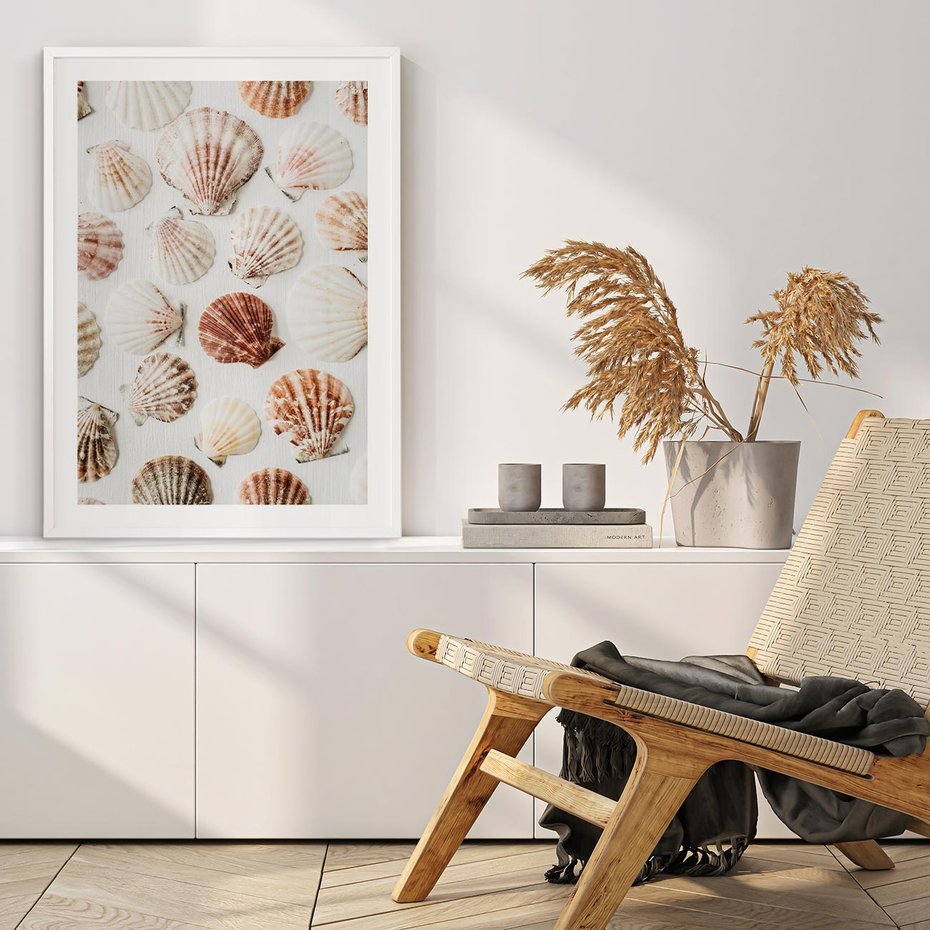 Plakat bez ramy 40x50 - Morska Delikatność: Muszelki na Białym Tle - kompozycja, morskie muszelki na białym tle