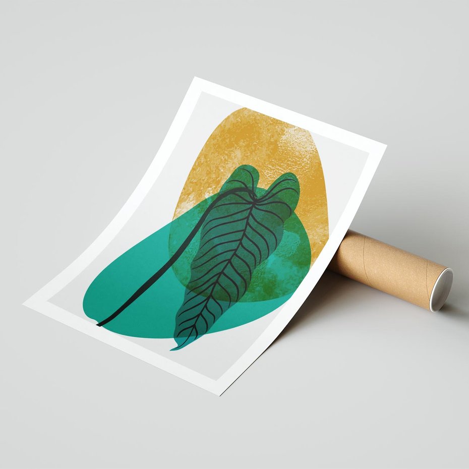 Plakat bez ramy 40x50 - Zielony Liść ze Złotą Plamą - zielony liść, złota plama