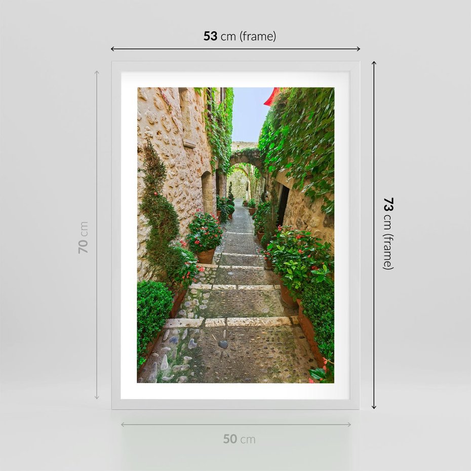 Plakat w ramie 50x70 - Magiczna podróż w głąb miasta - uliczka, perspektywa - rama biała