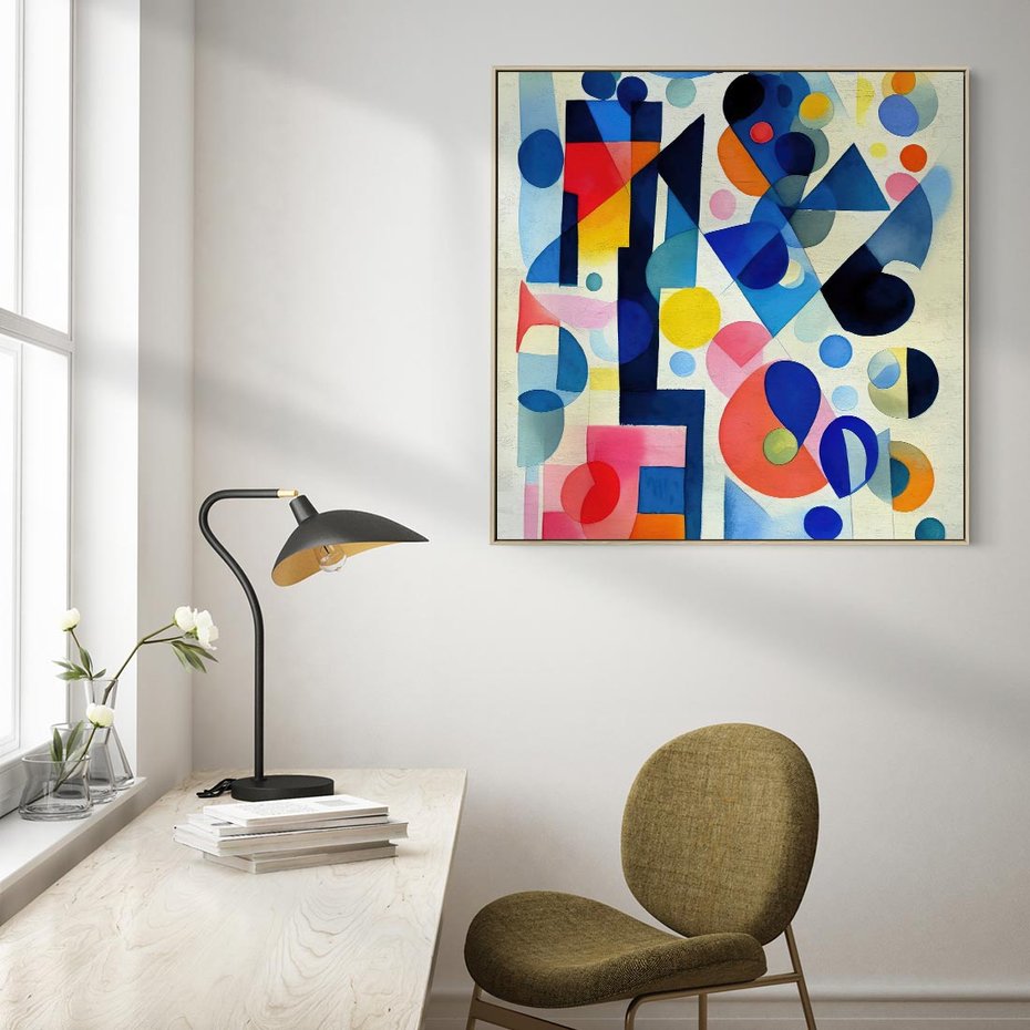 Obraz w ramie 50x50 - Księga Akwarelowych Przeniknięć - abstrakcyjny obraz, różne kolorowe kształty - rama drewno