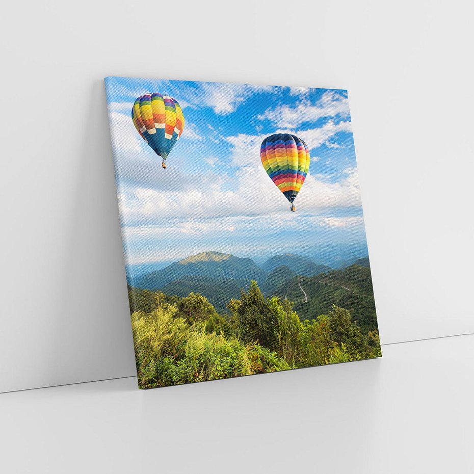 Obraz na płótnie 40x40 - Balony w górach: spektakularne widoki - balony, góry