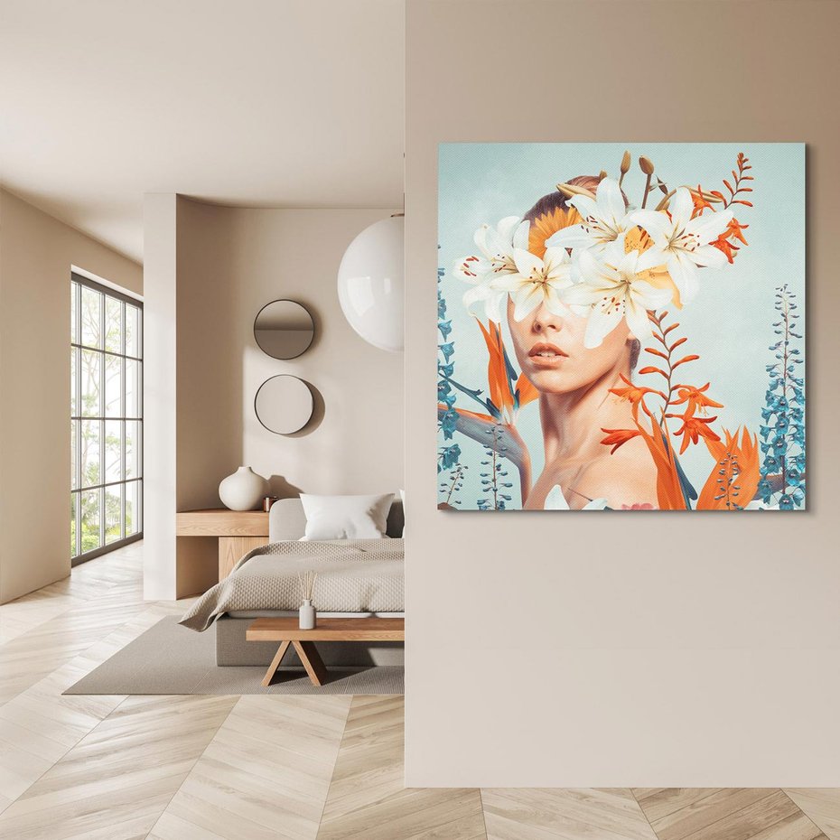 Obraz na płótnie 60x60 - Kwiatowa Enklawa Uroku - kolaż, nierealna kompozycja