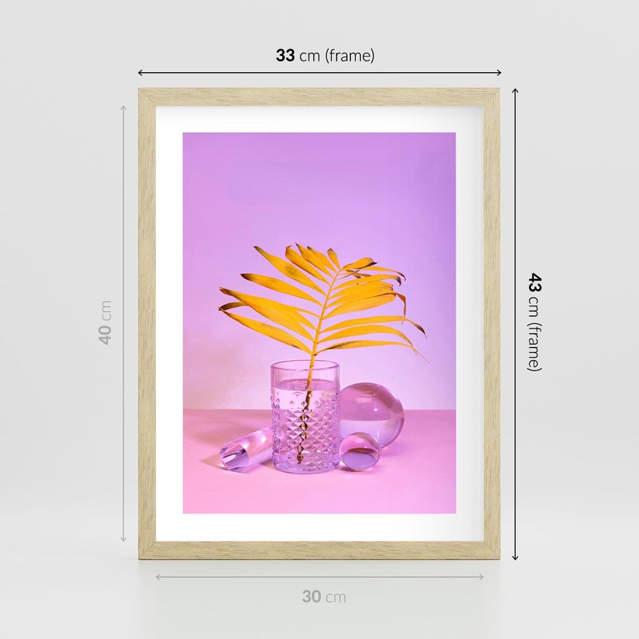 Plakat w ramie 30x40 - Neonowy Liść Palmy na Fotografii - neonowa fotografia, liść palmy w szklance - rama drewno