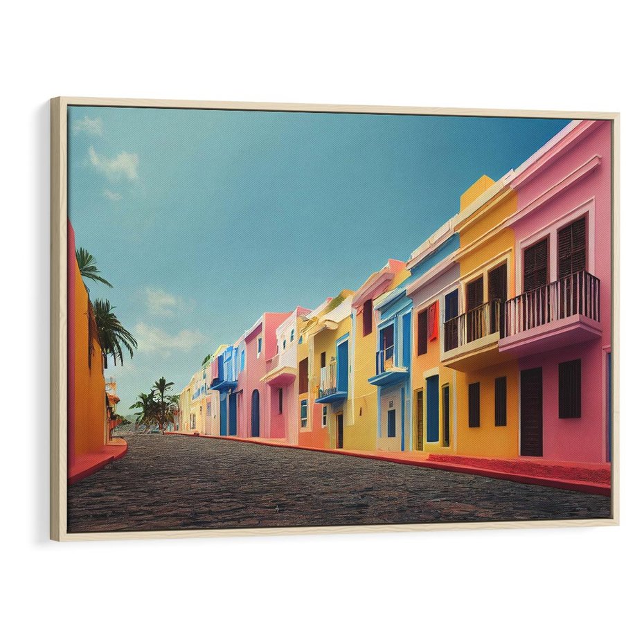 Obraz w ramie 120x80 - Ekspresja marzeń i tęsknot - pastelowe kolorowe budynki, wzdłuż ulicy - rama drewno