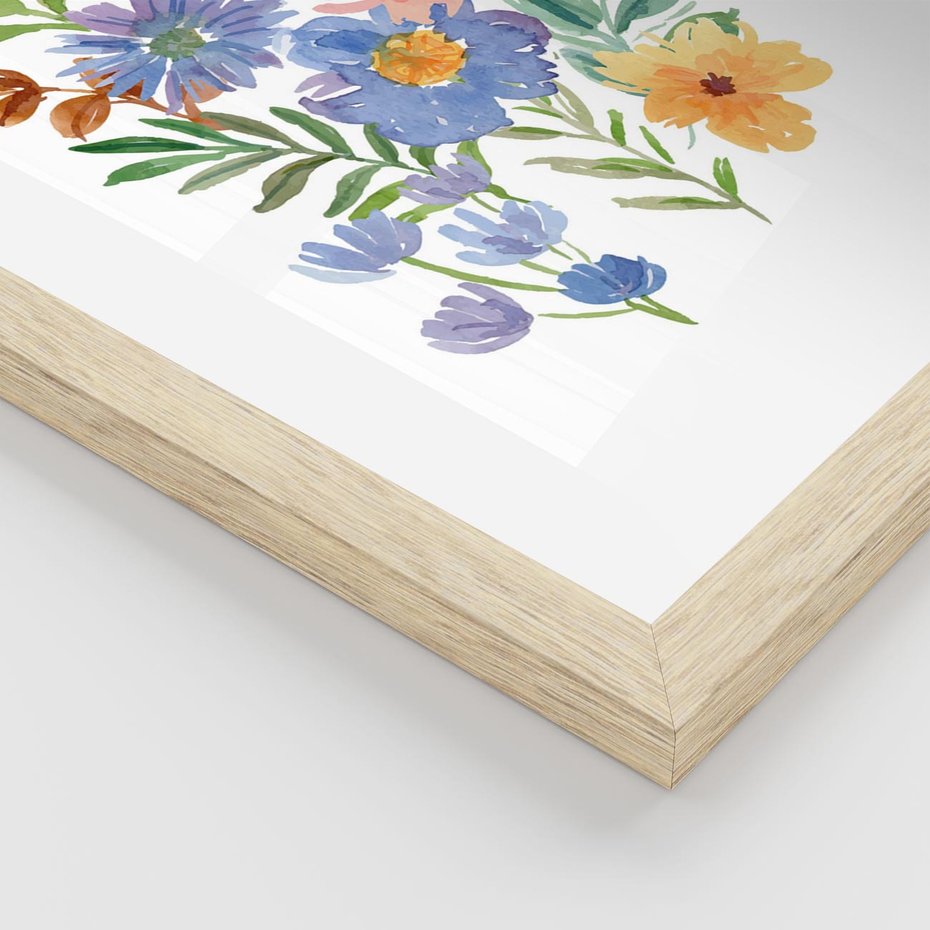 Plakat w ramie 50x70 - Kwiatowe Opowieści - akwarelowe polne kwiaty, minimalistyczna sztuka - rama drewno