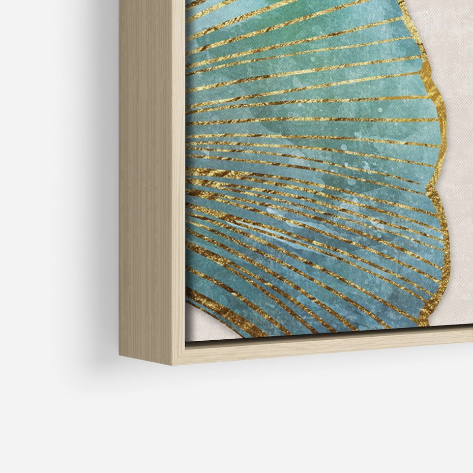 Obraz w ramie 70x100 - Złota Melodia Liści - złote, turkusowe liście miłorzębu - rama drewno