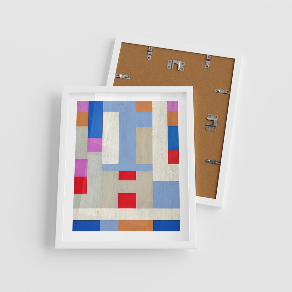 Plakat w ramie 40x50 - Bezczasowe Przenikanie Kształtów - abstrakcyjne geometryczne kształty, olejny obraz - rama biała