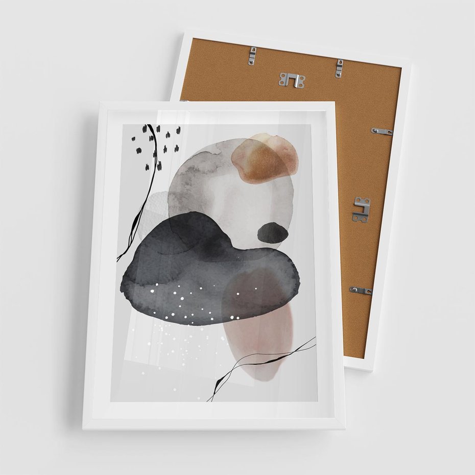 Plakat w ramie 50x70 - Impresje Harmonii - abstrakcyjne plamy akwarelowe, czarny szkic - rama biała