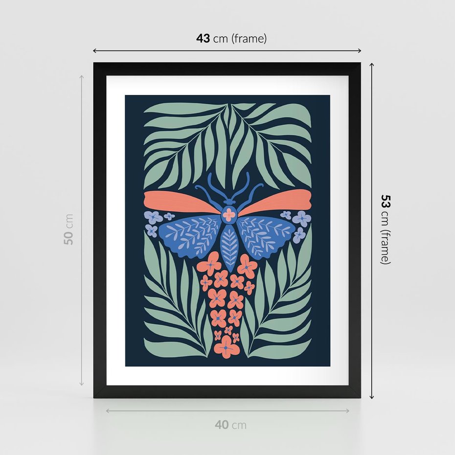 Plakat w ramie 40x50 - Granatowa Noc - granatowe tło, abstrajcyjna ćma - rama czarna