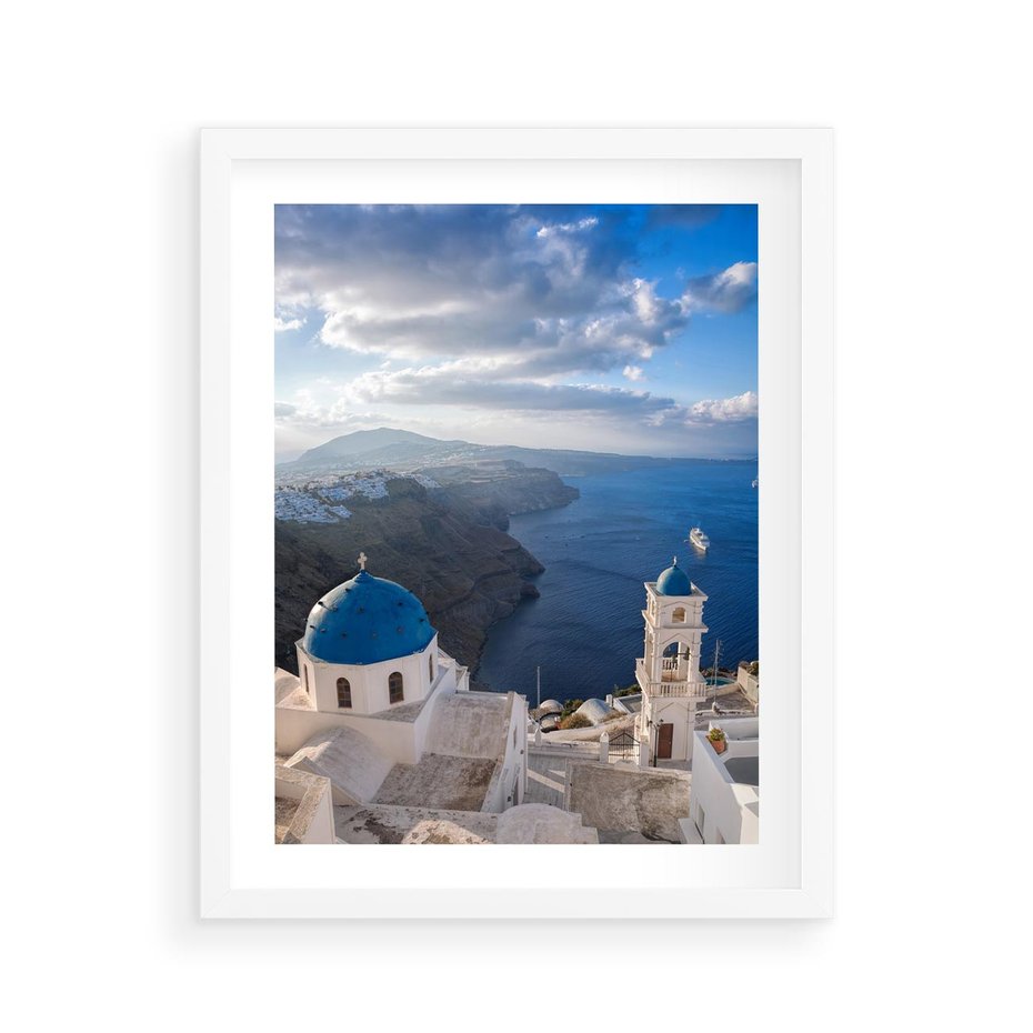 Plakat w ramie 40x50 - Błękitne Przezycia - Santorini, morze - rama biała
