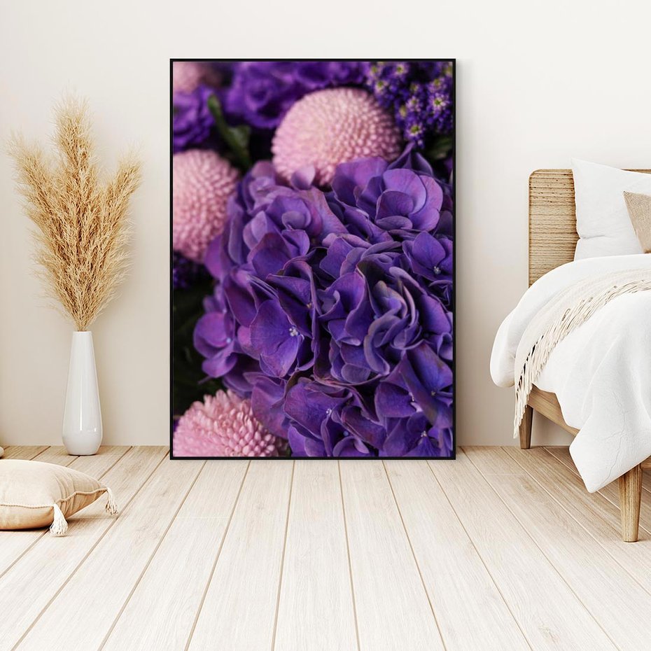 Obraz w ramie 50x70 - Fioletowa hortensja - kwiaty, hortensja - rama czarna