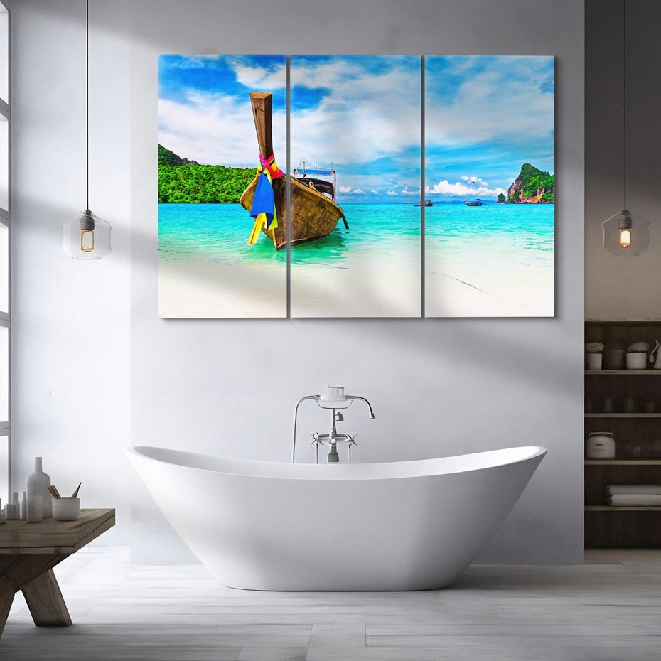 Obraz na płótnie 120x80 - Rajska Plaża Tajlandii: Spotkanie z Naturą - Tajlandia, łódź