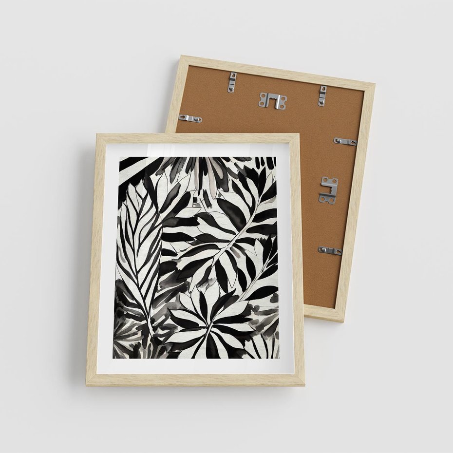 Plakat w ramie 40x50 - Czarne Liście - akwarelowy obraz, czarno biały - rama drewno