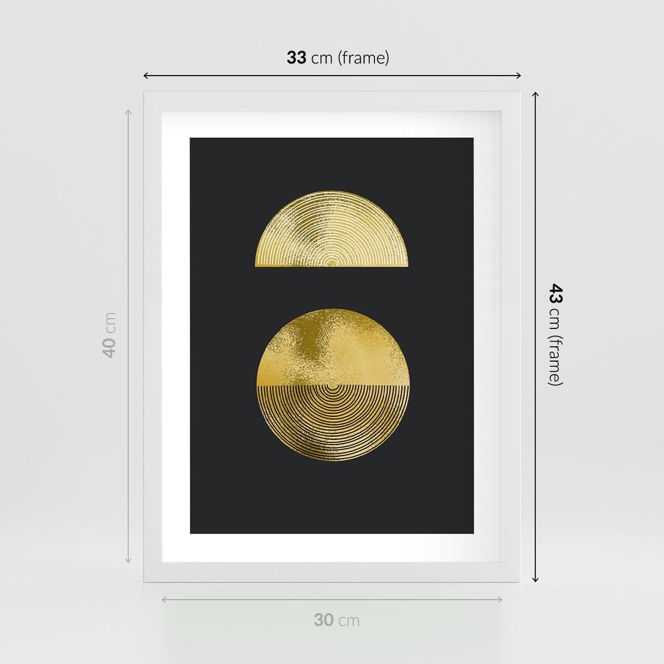 Plakat w ramie 30x40 - Migotliwe Przeniknięcia - złote koła, czarne tło - rama biała