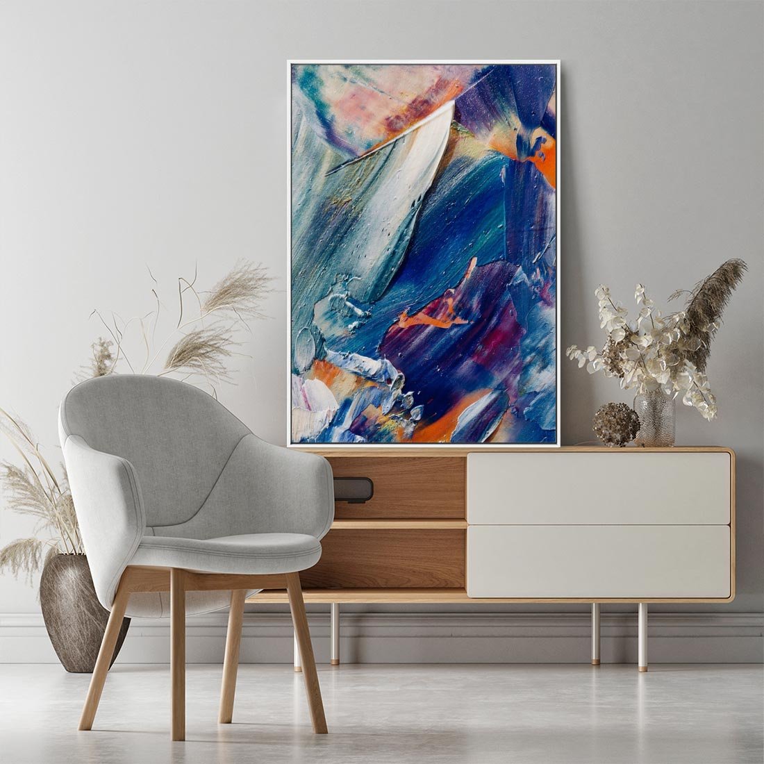 Obraz w ramie 80x120 - Rytmy ukrytych pragnień - chaos i abstrakcja, plamy koloru - rama biała