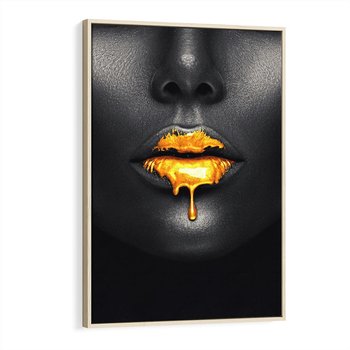Obraz w ramie 70x100 - Złote Usta Kobiety - złote, usta - rama drewno