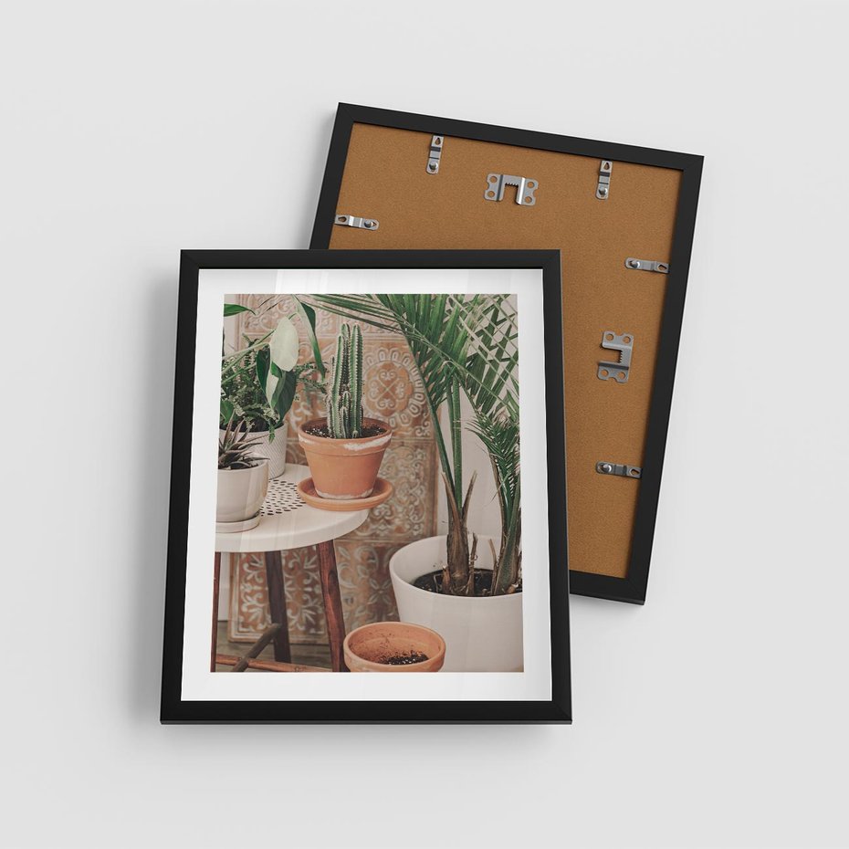 Plakat w ramie 40x50 - Boho Oaza: Kaktusy w Doniczkach - rośliny kaktusy w doniczkach, boho wnętrze - rama czarna