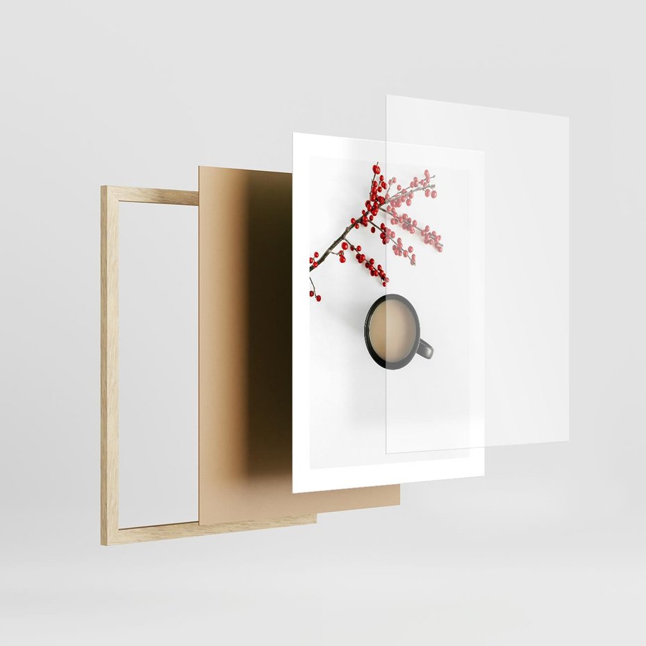 Plakat w ramie 30x40 - Filiżanka Kawy z Gałązką Jarzębiny - kawa, gałązka jarzębiny - rama drewno