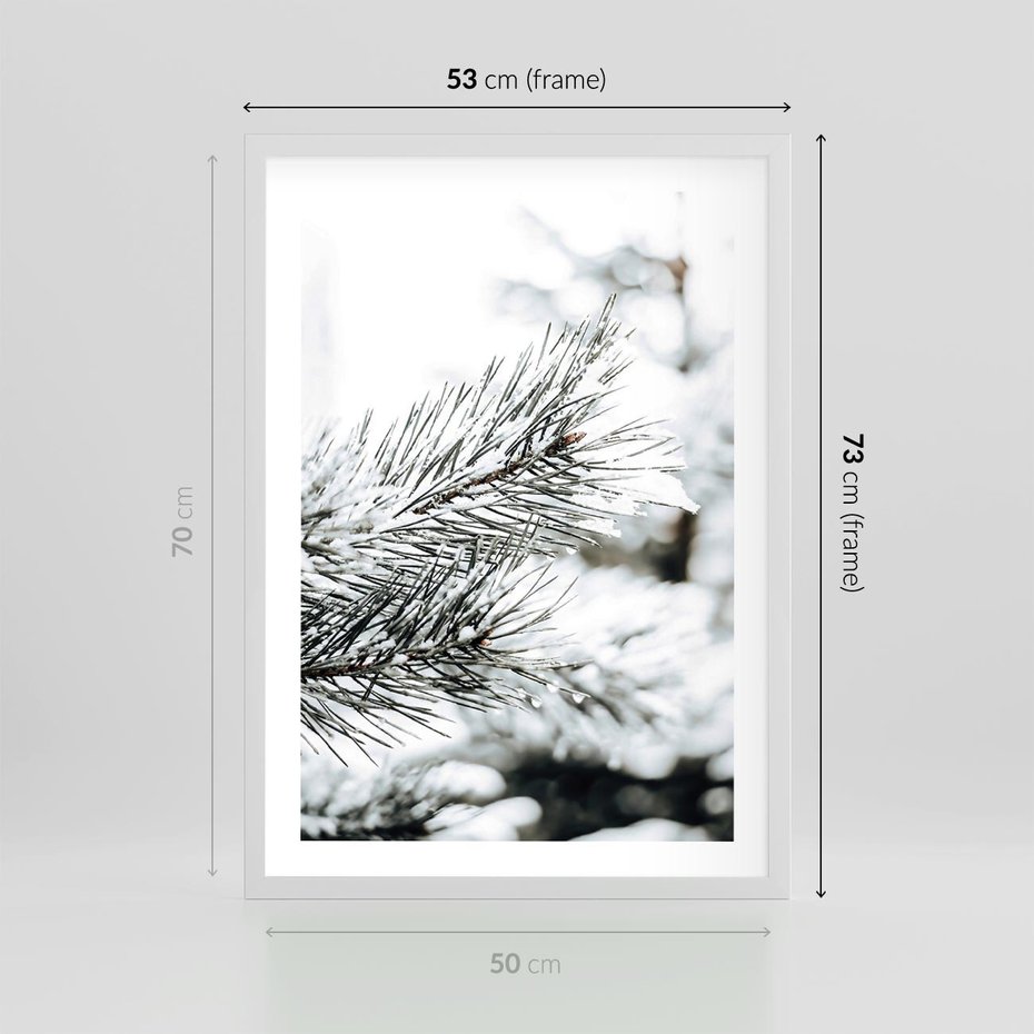 Plakat w ramie 50x70 - Chwila Zimowej Magii - iglasta gałązka, śnieg - rama biała