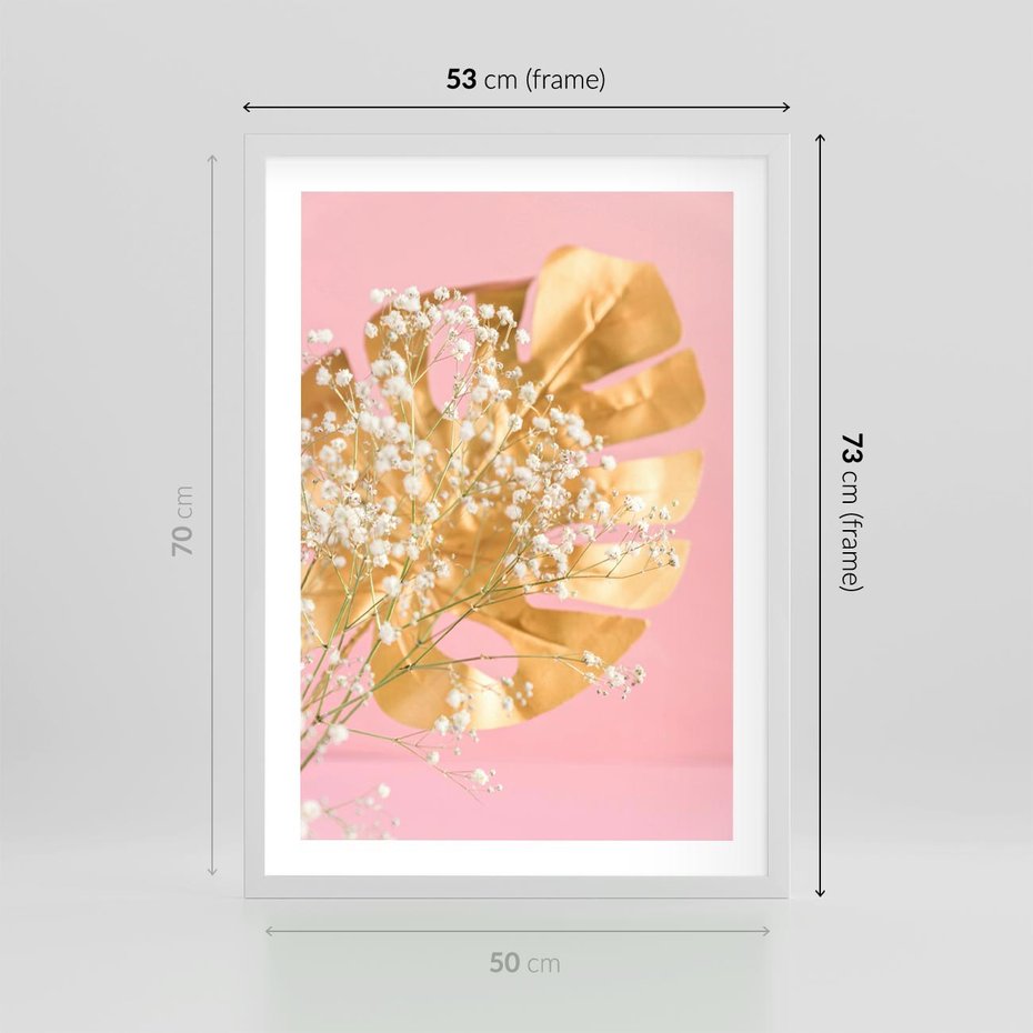 Plakat w ramie 50x70 - : Elegancja w Złocie - złote, liście - rama biała