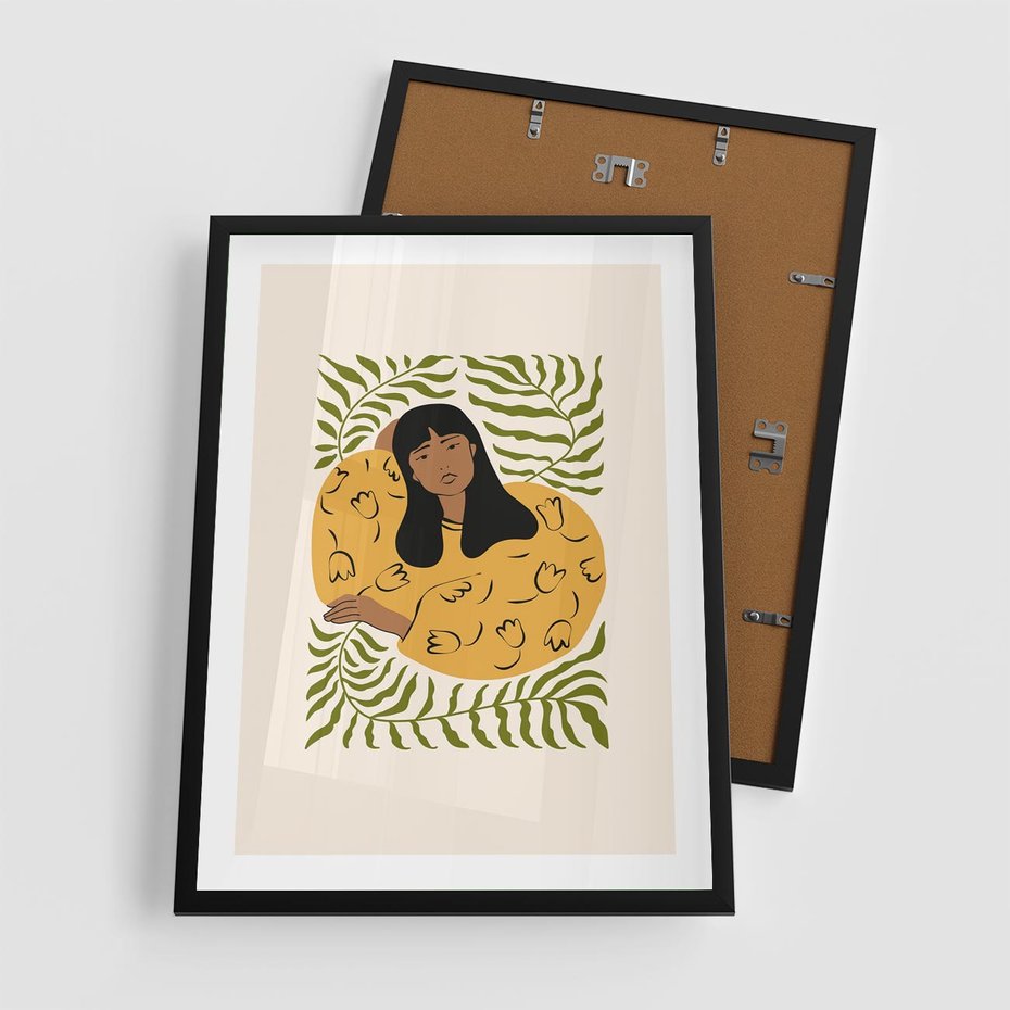Plakat w ramie 50x70 - Malowane Odbicia Wyobraźni - nowoczesny plakat, kobieta otoczona liśćmi - rama czarna