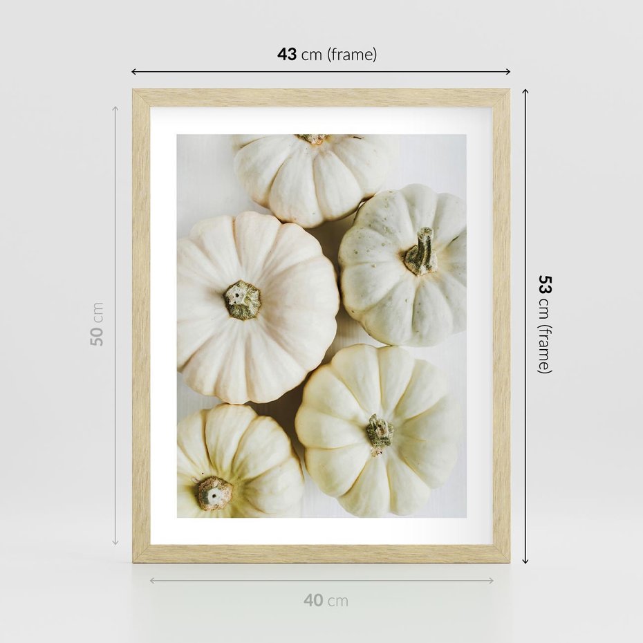 Plakat w ramie 40x50 - Jesienne Dynie: Delikatna Kompozycja - białe dynie, jasna kompozycja - rama drewno