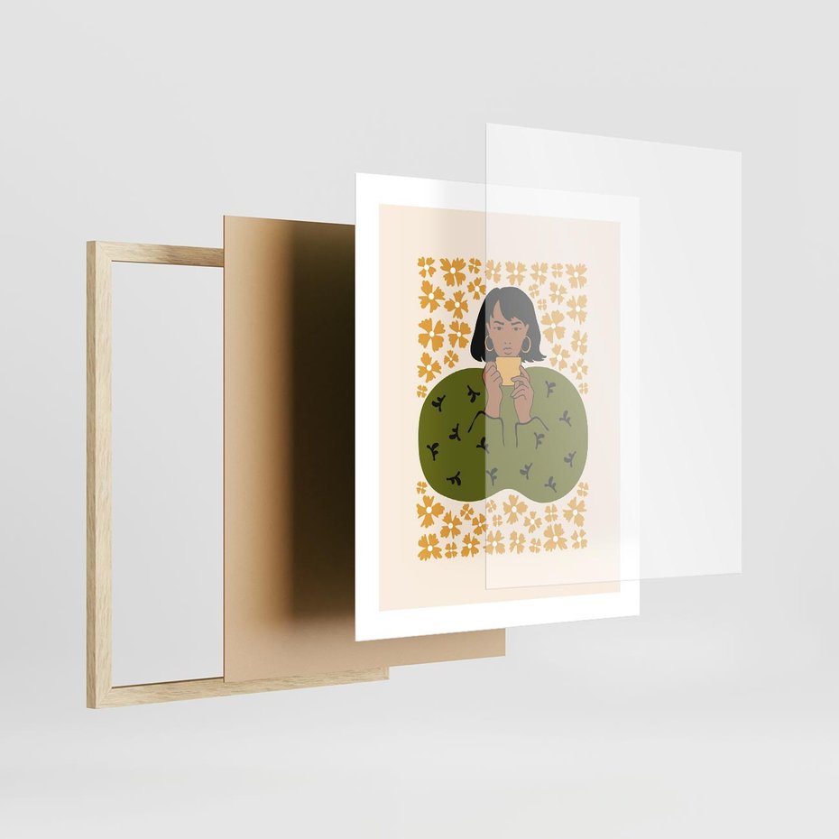 Plakat w ramie 40x50 - Wewnętrzne Fale - nowoczesny plakat, kobieta otoczona liśćmi - rama drewno