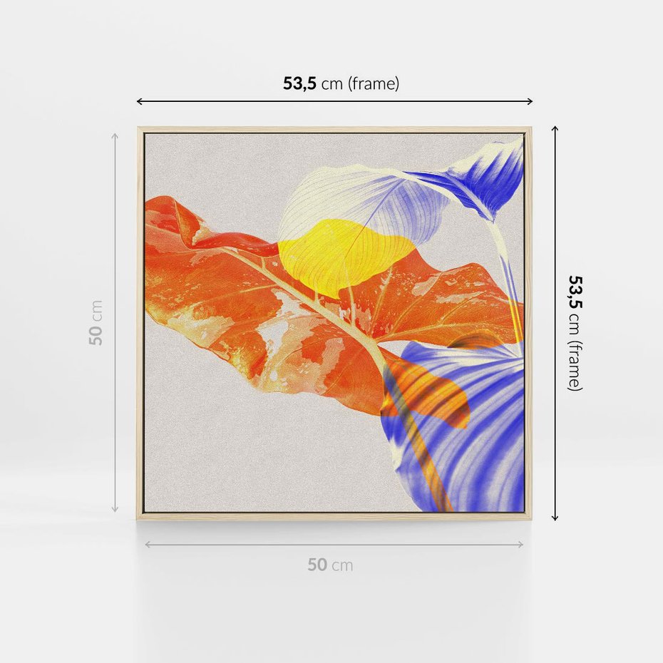 Obraz w ramie 50x50 - Energetyczne Indygo - retro, tropikalne liście - rama drewno